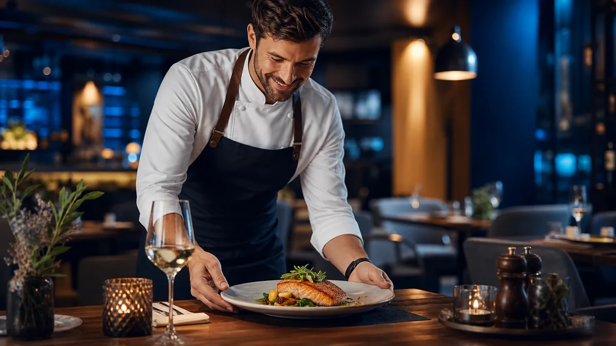 Chef presenting a plated dish in an upscale restaurant